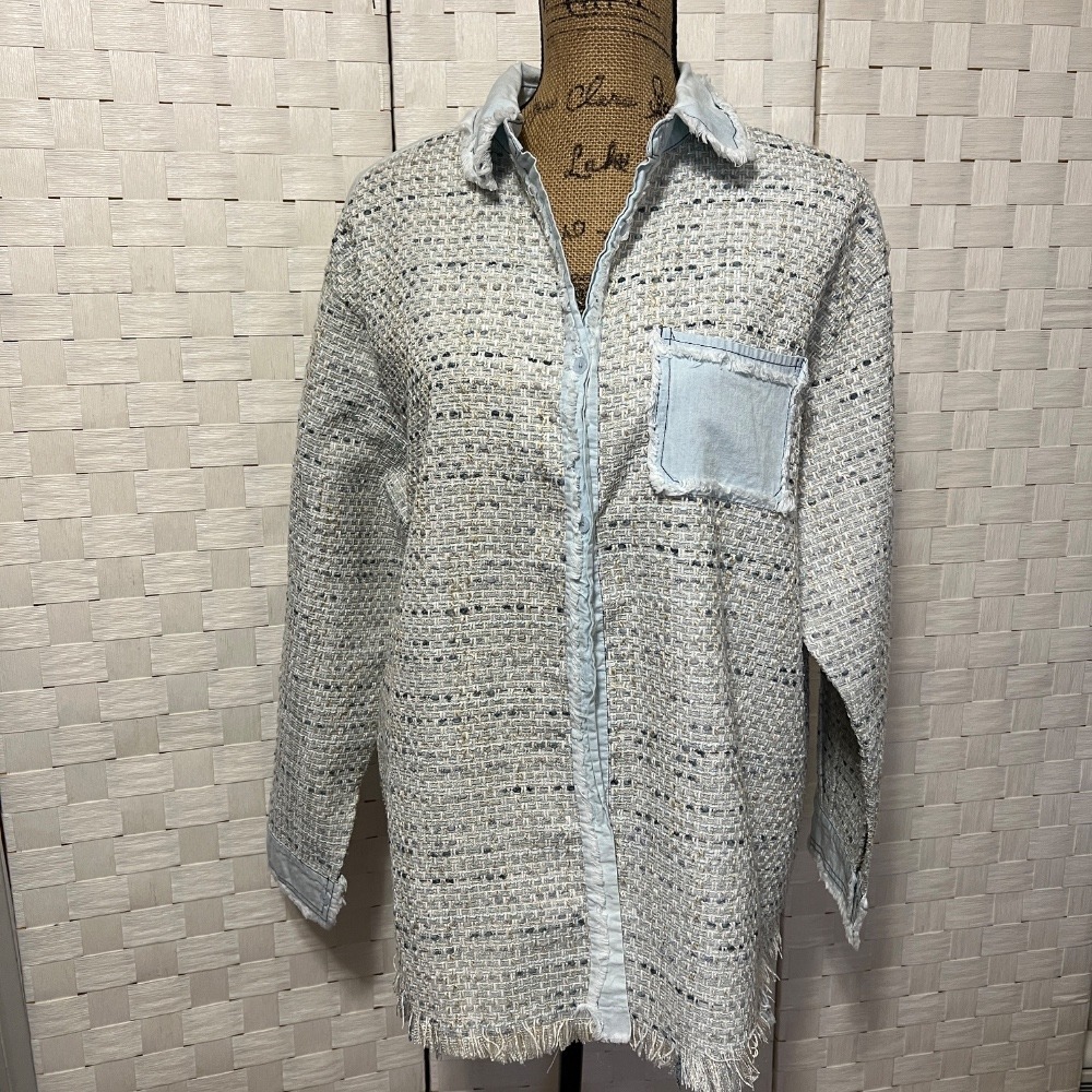Grace + Karma Denim Tweed Shirt Jacket Frayed Hem‎ Pocket Long Sleeve Large